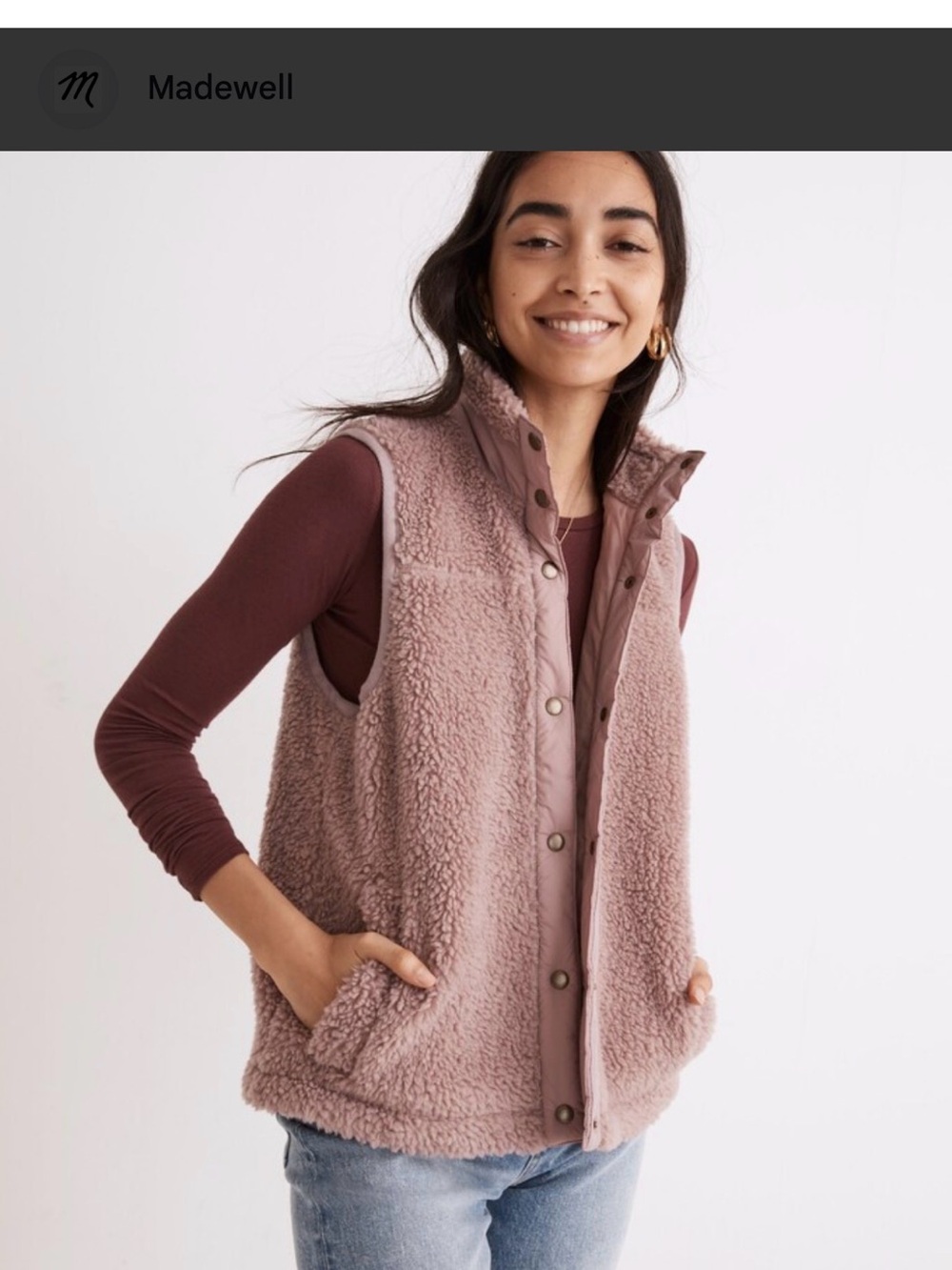 Madewell Dusty Rose Sherpa Vest w/ Side Pockets Snap button closure